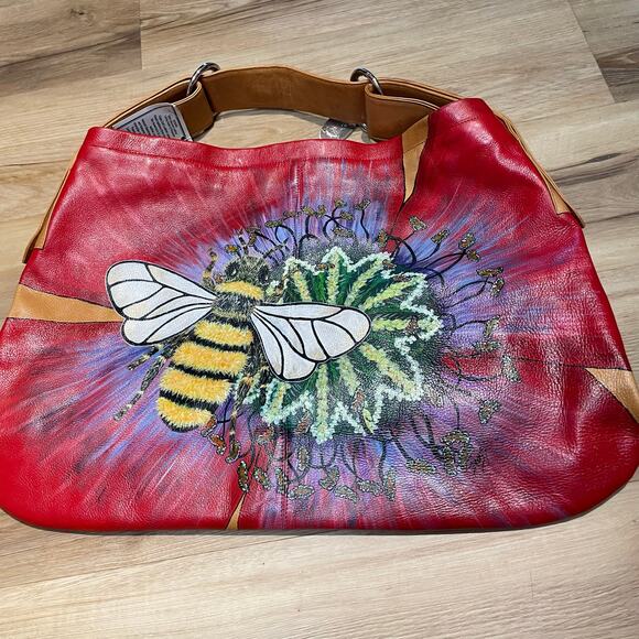 Hand Painted Bumble Bee Leather Hobo Bag Horse bit Anuschka Inspired - Picture 1 of 16